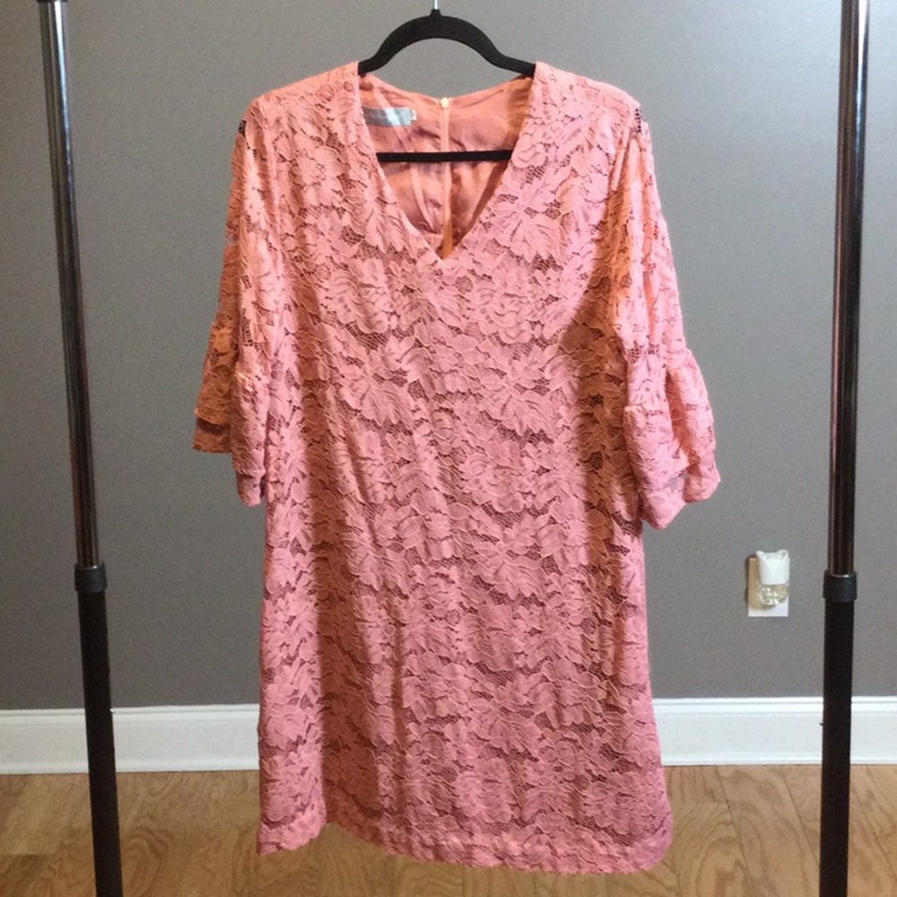 L Belongsci peach lace overlay bell sleeve dress